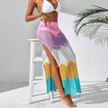 Womens Color-Block Patchwork Wave-Print Sexy Slit Midi Skirt