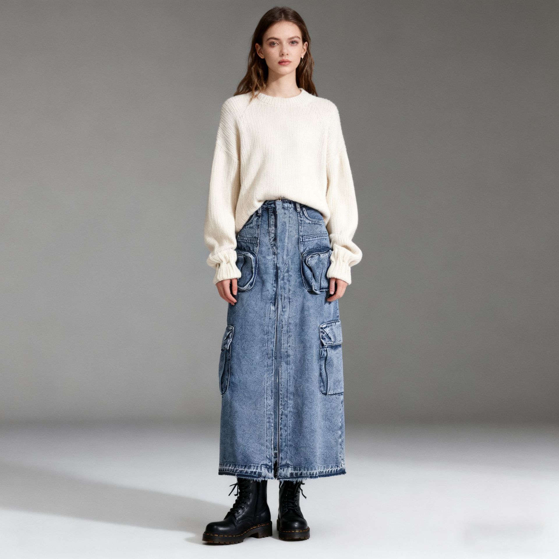 Personalized Trendy Skirt Womens High-Waisted Long Patchwork Denim Skirt With Multiple Pockets