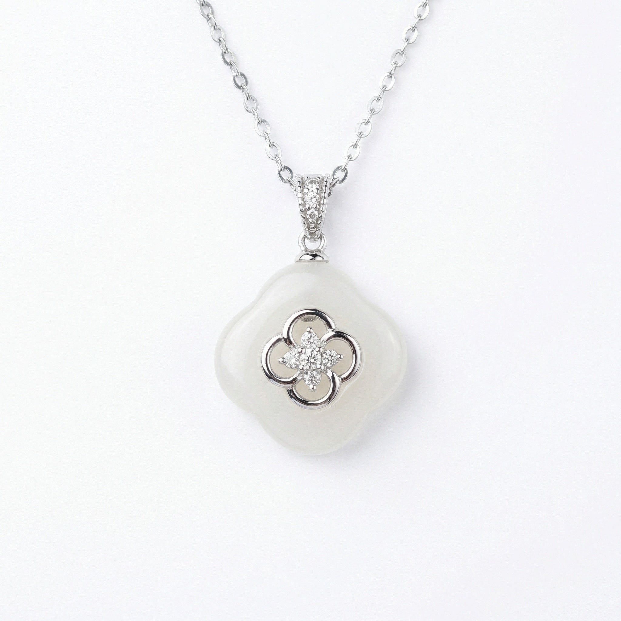925 Sterling Silver Elegant White Jade Quatrefoil Pendant Necklace with Diamond Accents