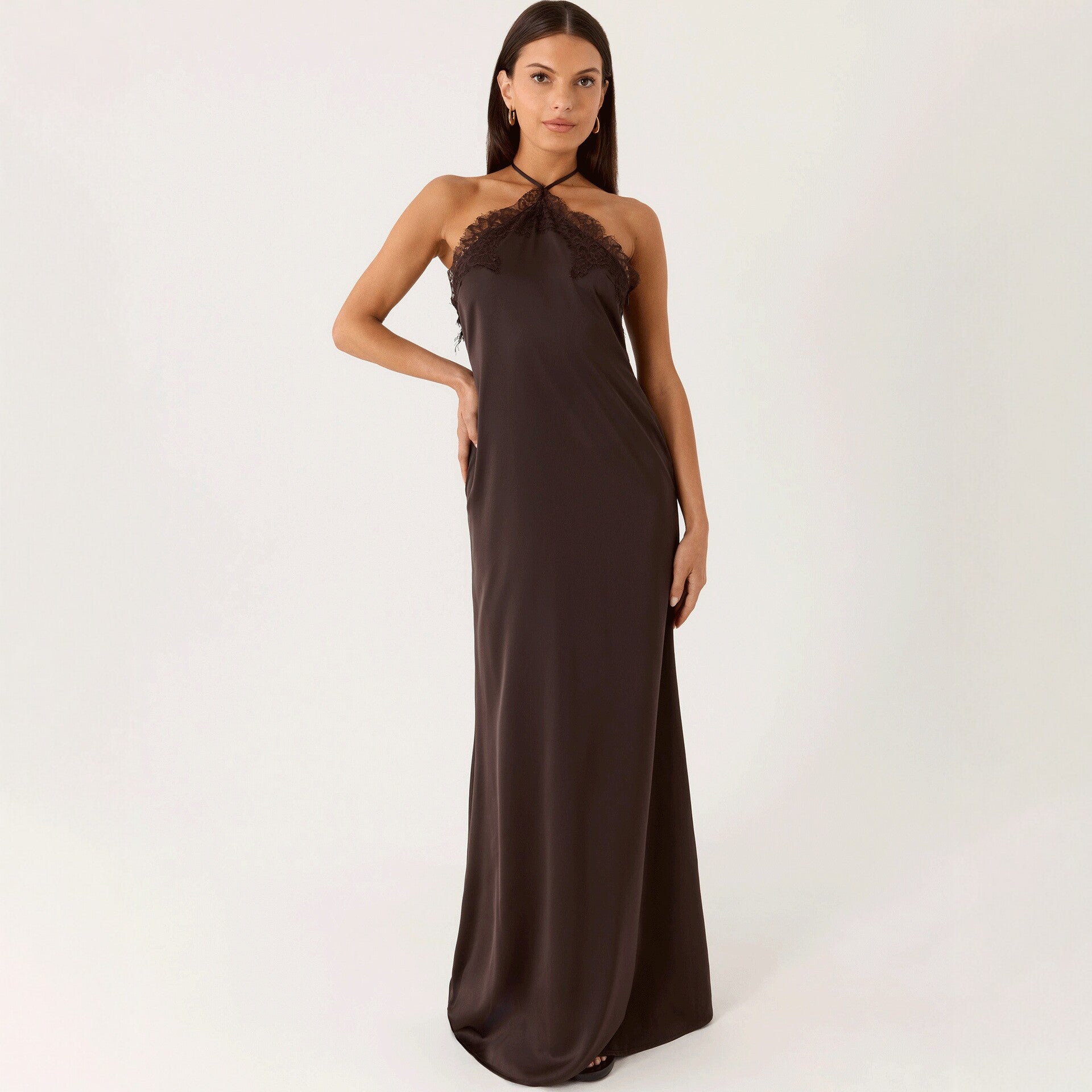 Lace-spliced Backless Slip Dress Solid Color