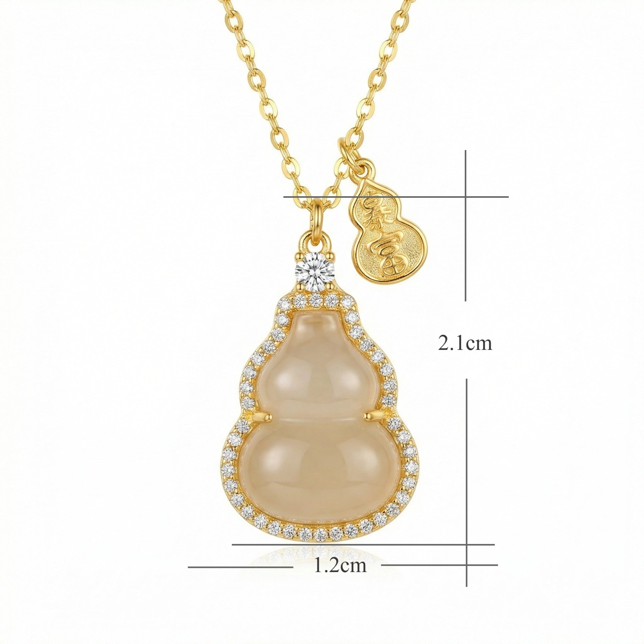 925 Sterling Silver Elegant Gourd Nephrite Jade Pendant Necklace with Sparkling Gemstone Halo and Wealth Charm