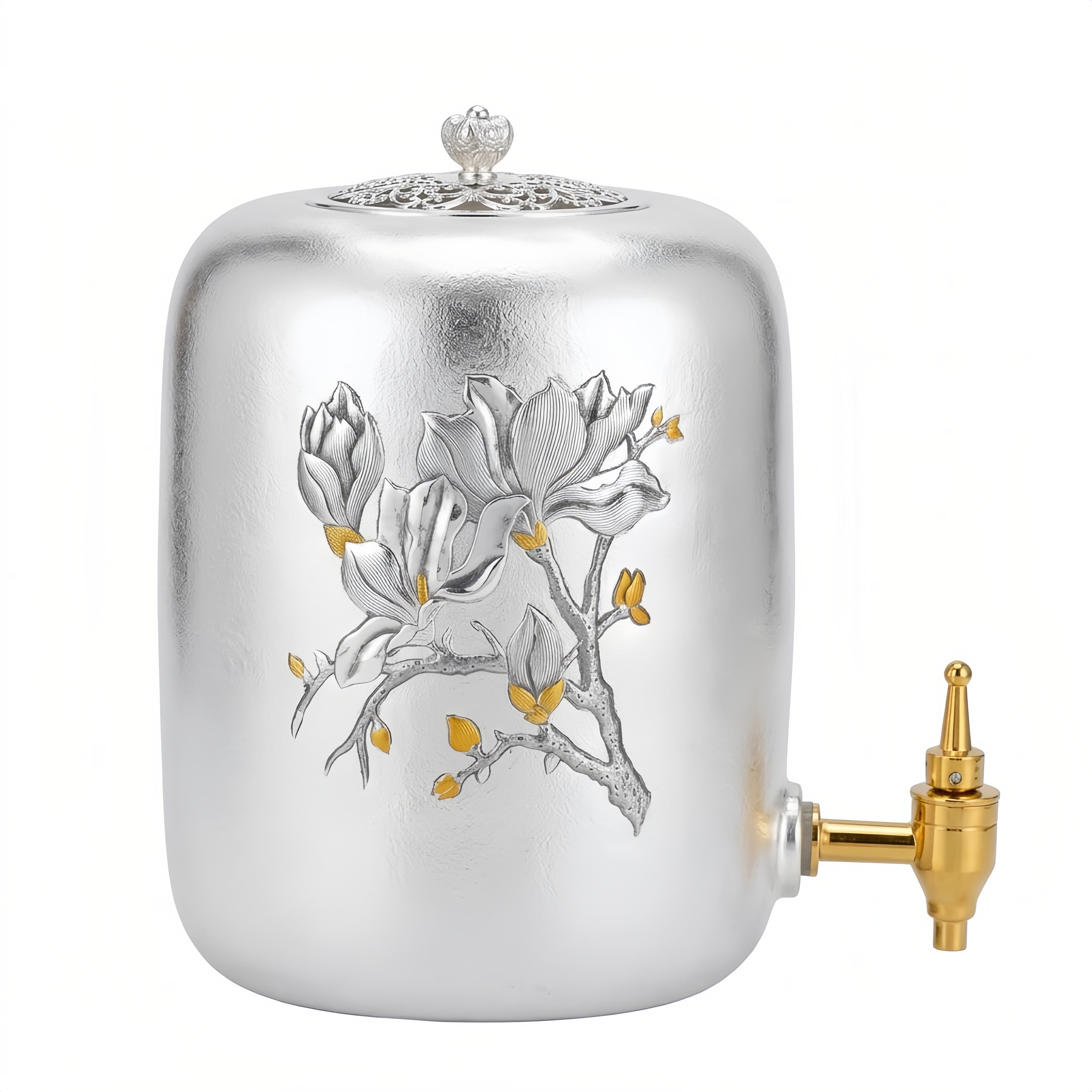 Pure 999 Fine Silver Elegant Silver-Tone Magnolia Beverage Dispenser with Intricate Floral Embossing and Polished Metal Spigot - Handicraft