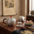 Pure 999 Fine Silver Exquisite Hand-Carved Silver Peony Teapot with Red Bead Accent and Wooden Handle - Handicraft