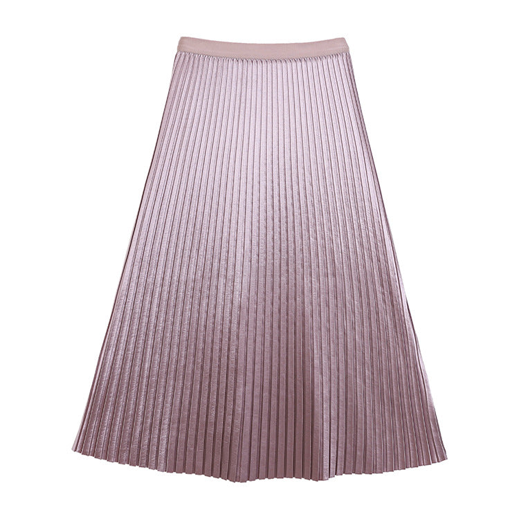 Fashionable Simple Versatile Satin Pleated Midi Skirt