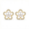 925 Sterling Silver Elegant Floral Pearl Stud Earrings with Sparkling Stone-Encrusted Petals