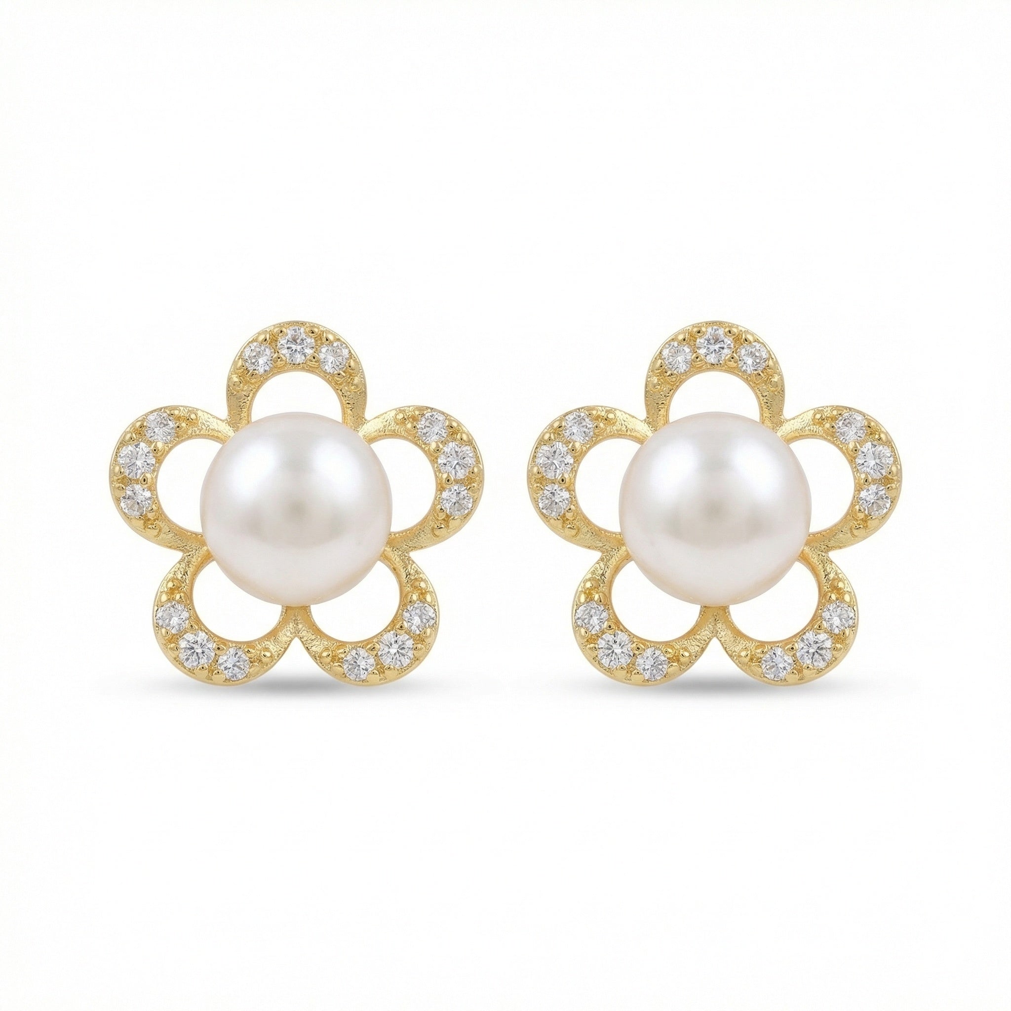 925 Sterling Silver Elegant Floral Pearl Stud Earrings with Sparkling Stone-Encrusted Petals