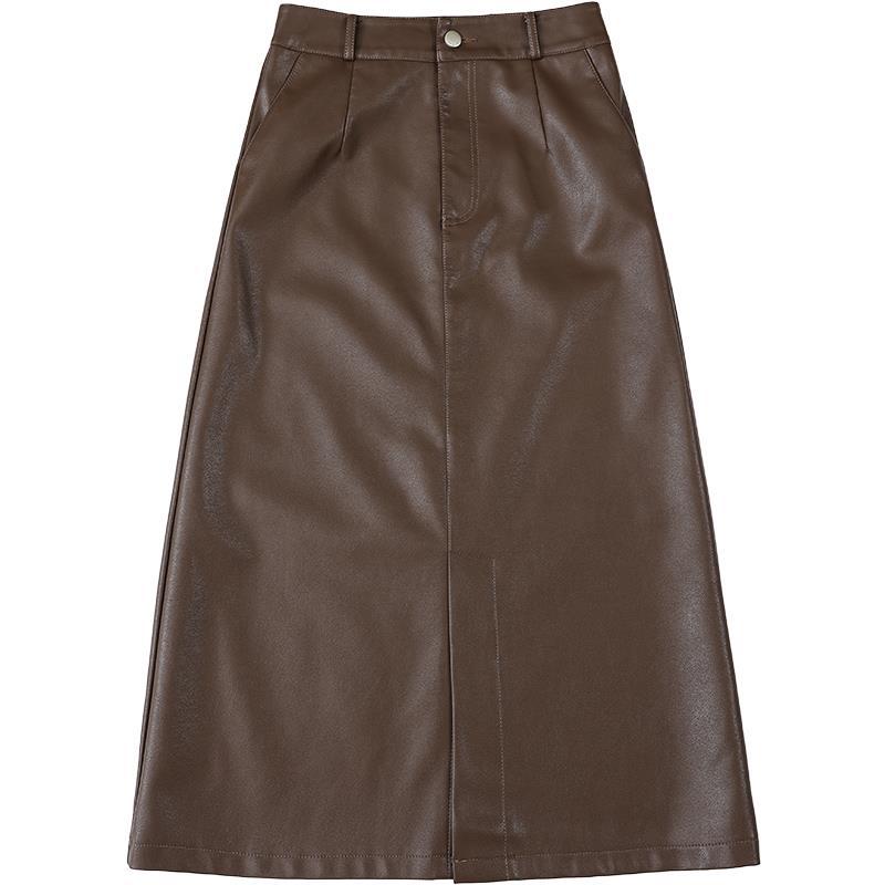 PU Leather Black Mid-length Skirt Womens Autumnwinter Style
