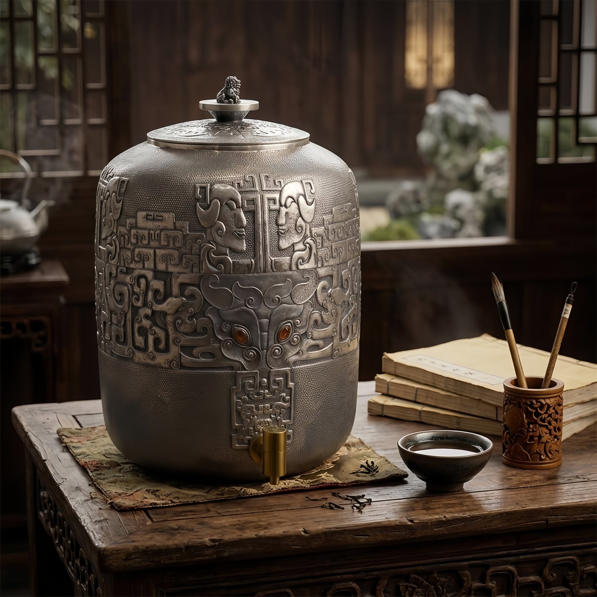 Pure 999 Fine Silver Exquisite Ornate Silver-Tone Beverage Dispenser with Mythical Embossed Patterns and Lion Finial Lid - Handicraft