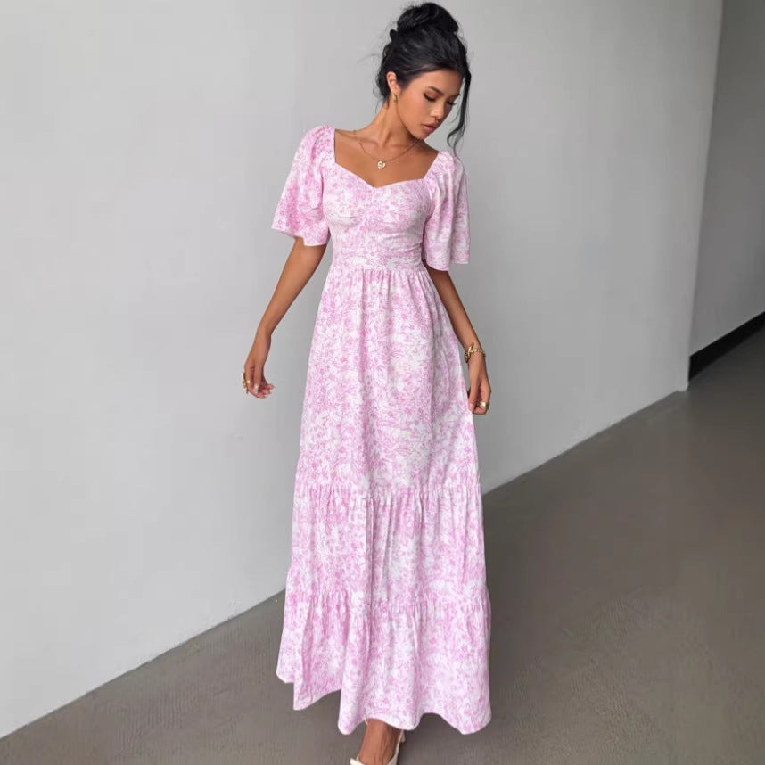 Elegant Printed Long Dress With A Square Neckline And Puffed Sleeves
