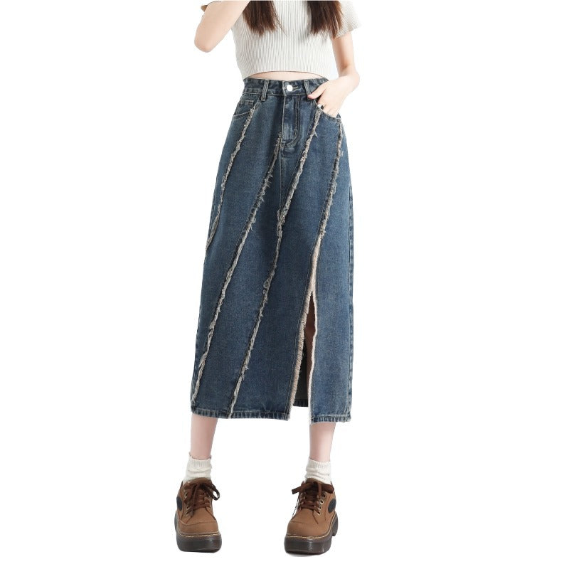Khaki High-Waisted Raw-Hem Slit Denim Skirt Womens Summer