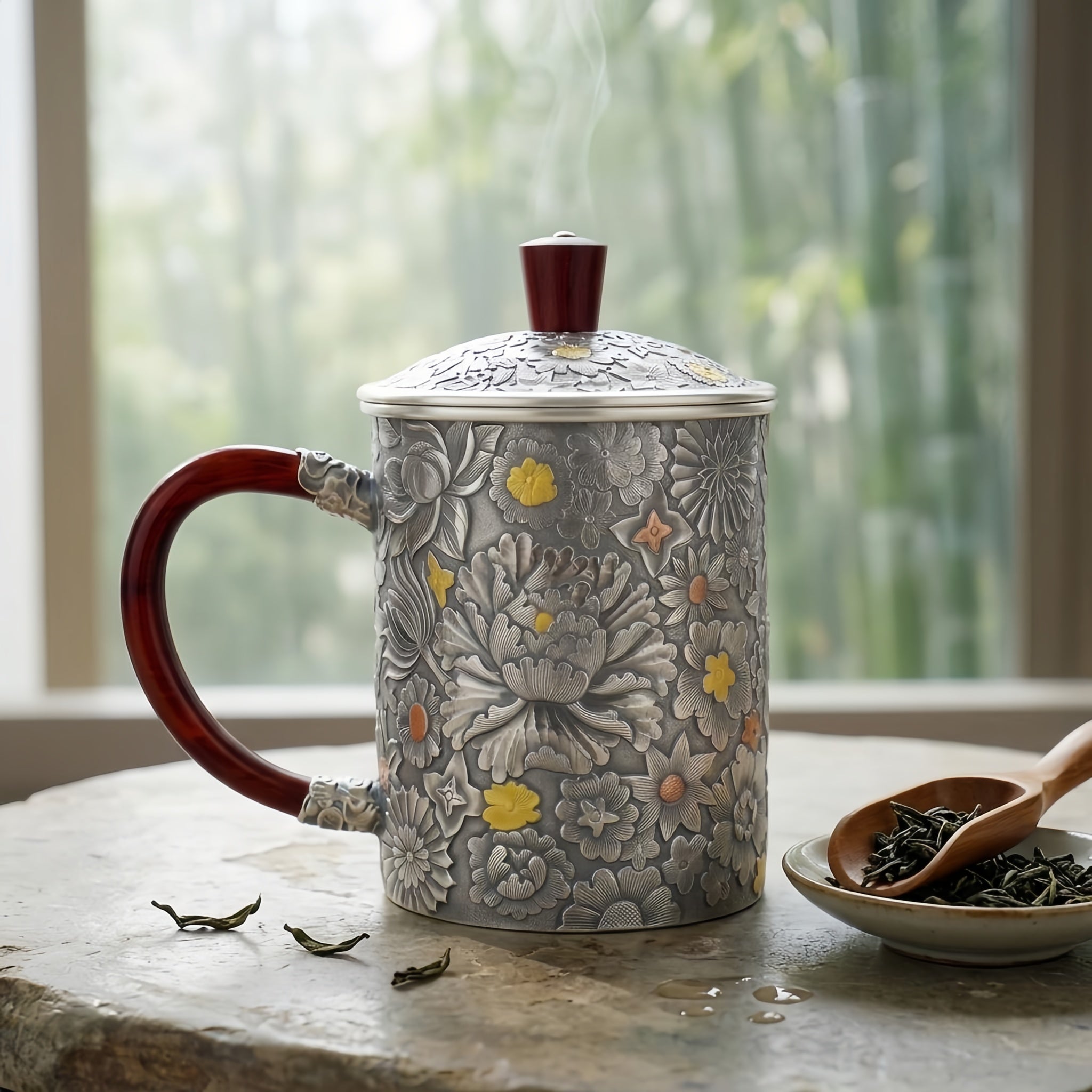 Pure 999 Fine Silver Handcrafted Floral Embossed Silver Tea Mug with Elegant Wood Accents - Handicraft