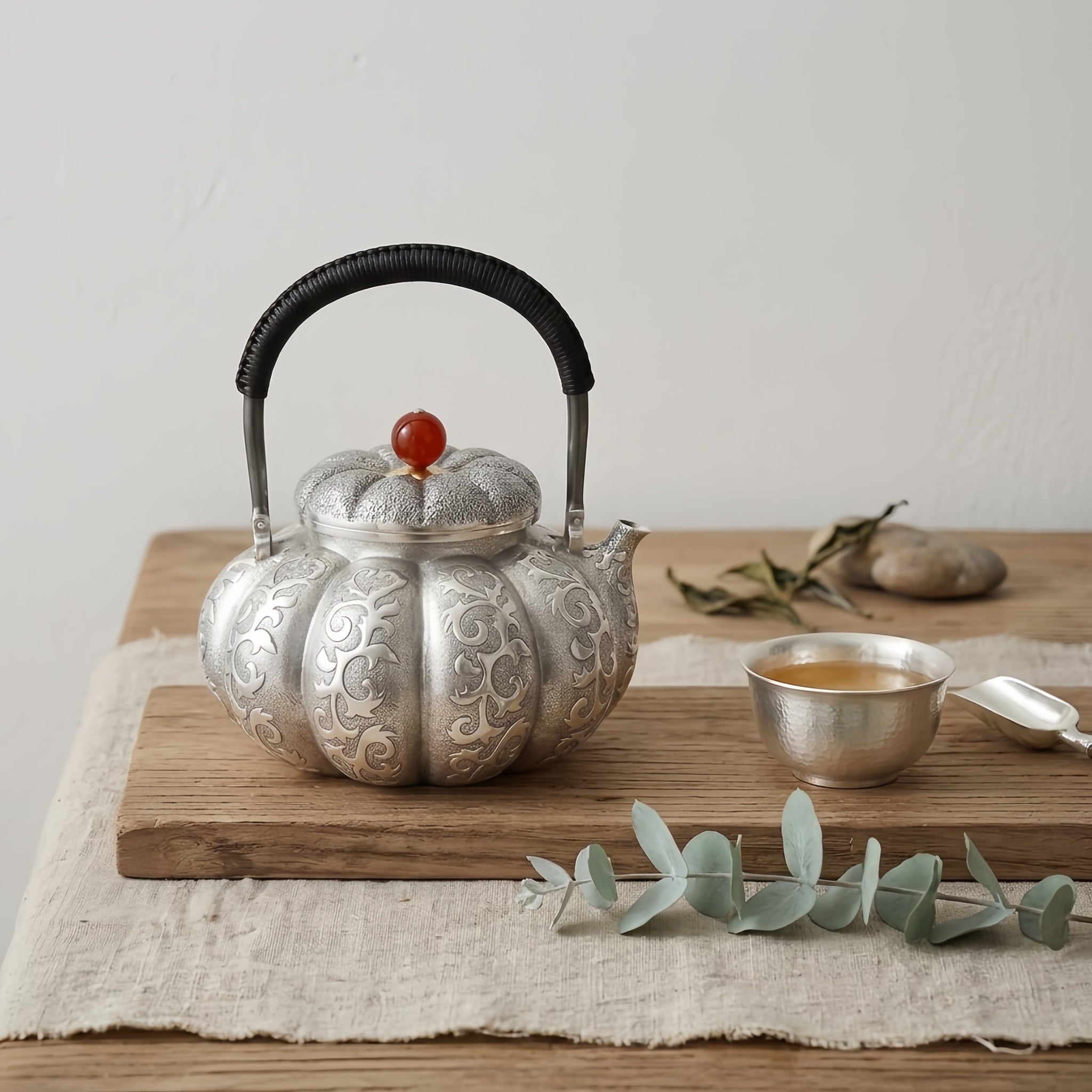 Pure 999 Fine Silver Ornate Hand-Carved Silver Pumpkin Teapot with Red Bead Finial and Wrapped Handle - Handicraft