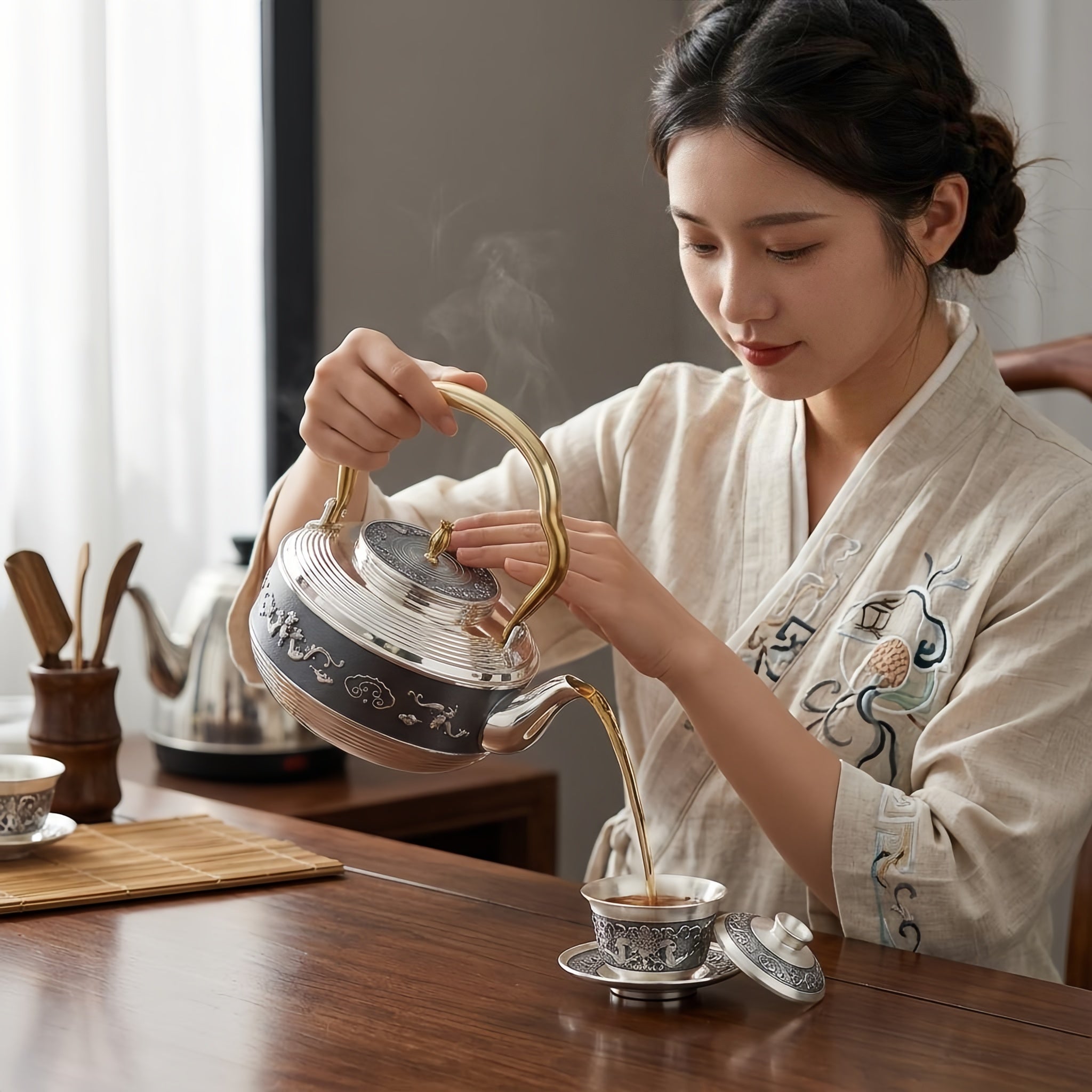 Pure 999 Fine Silver Elegant Handcrafted Silver Teapot with Detailed Artistic Relief and Metallic Handle - Handicraft