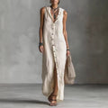 Sleeveless Hooded Maxi Dress With Button Placket Women's Clothing