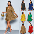 Fashionable And Chic Half-Open Deep V-Neck Solid Color Puff Sleeve Pleated Mini Dress