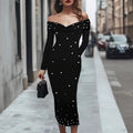Womens Fashion Solid-Color Long-Sleeve Beaded Sheath Off-Shoulder Dress