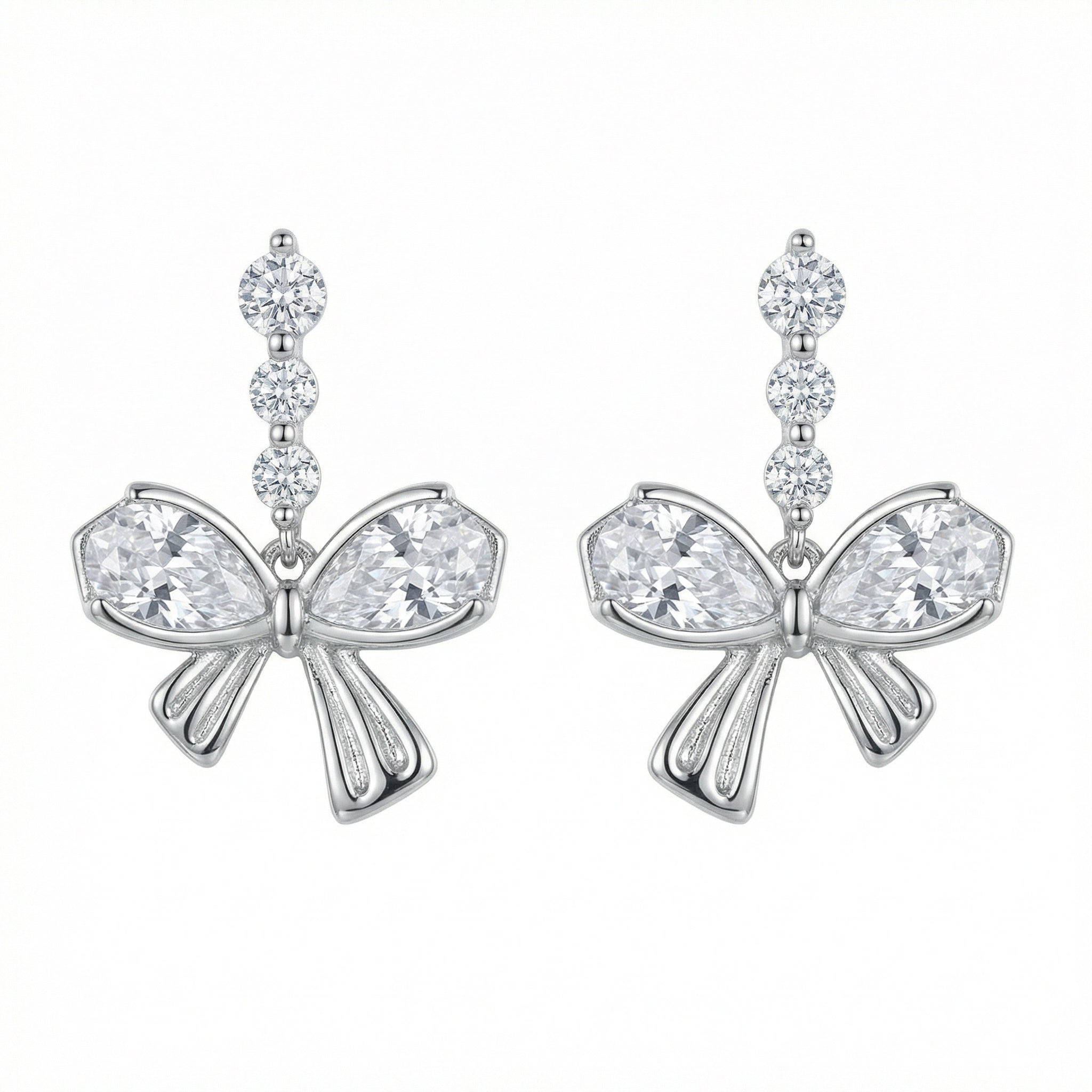 925 Sterling Silver Elegant Sparkling Silver Bow Drop Earrings with Pear-Cut Accents