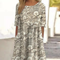 Vintage Lace Floral Print Round Neck Pocket Midi Dress