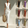 Solid-color Sleeveless Cotton-linen Feel Midi Dress