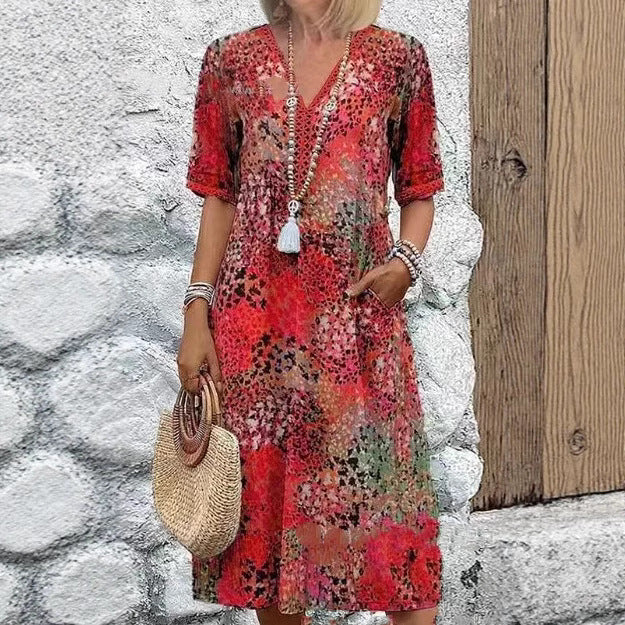 Lace V-neck Short-sleeve Dress For Women