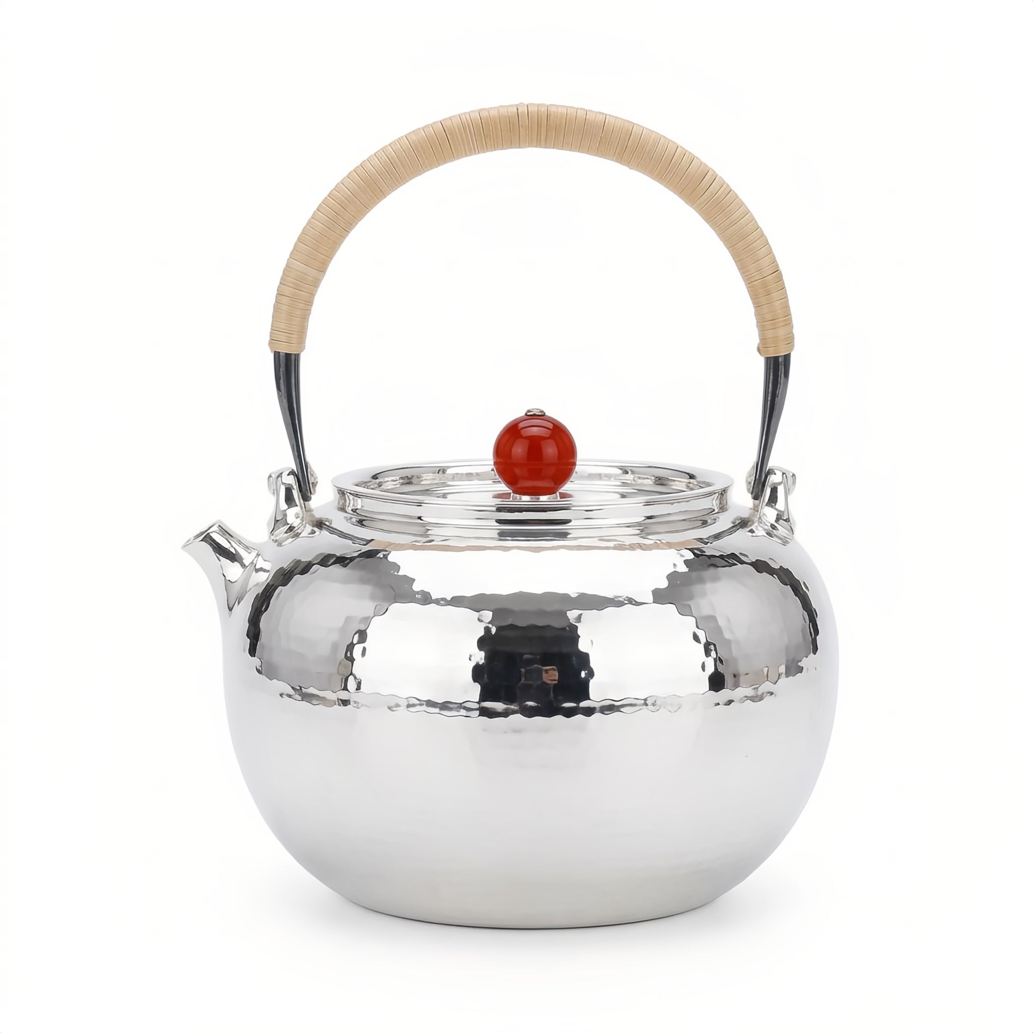 Pure 999 Fine Silver Elegant Hammered Silver Teapot Featuring Woven Rattan Handle and Red Finial Accent - Handicraft