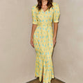 Yellow Floral Print Button-Front Mermaid Maxi Dress