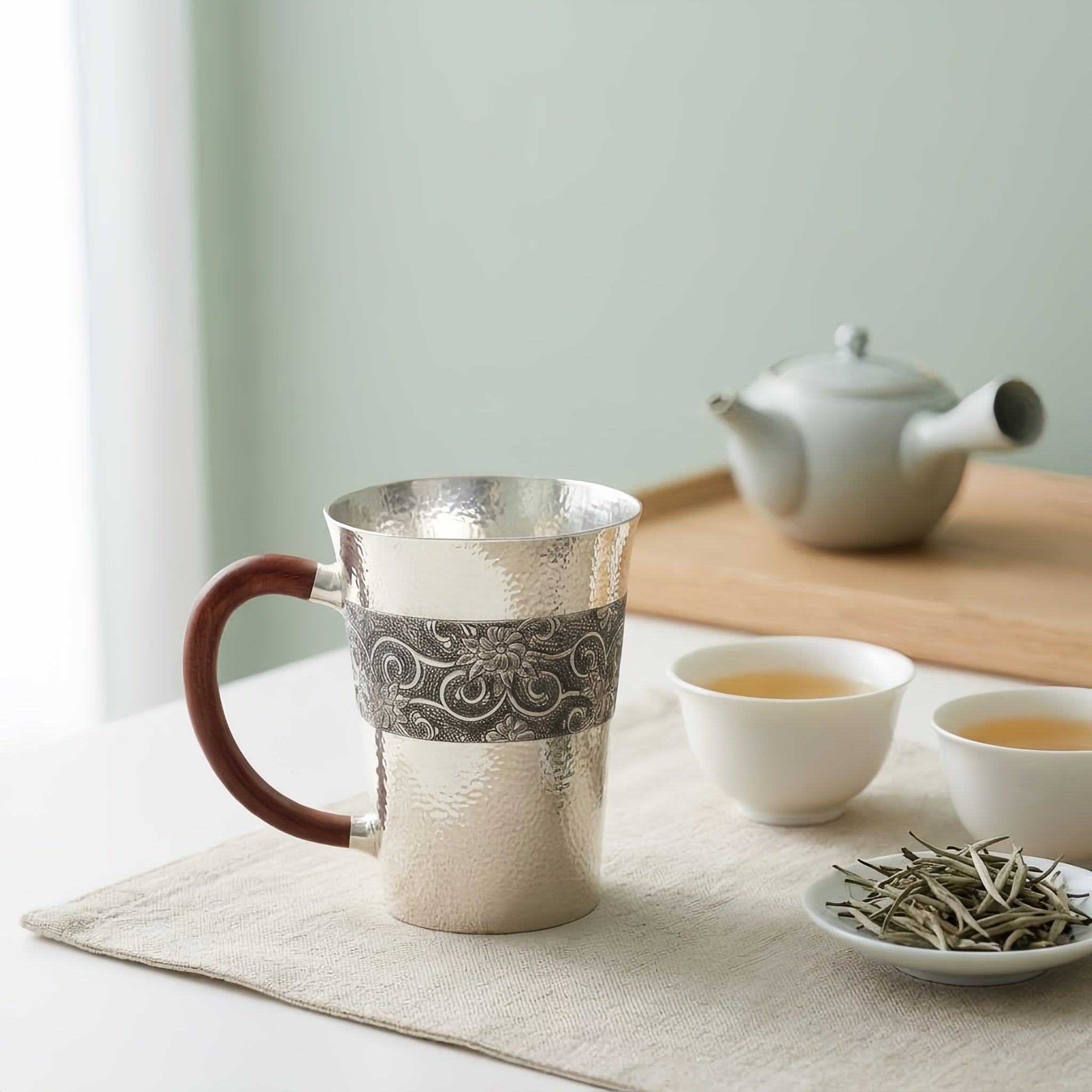 Pure 999 Fine Silver Handcrafted Hammered Silver Mug with Ornate Floral Relief and Wooden Handle - Handicraft