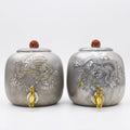 Pure 999 Fine Silver Exquisite Pair of Hammered Silver-Toned Containers Featuring Traditional Dragon and Phoenix Relief Artistry - Handicraft
