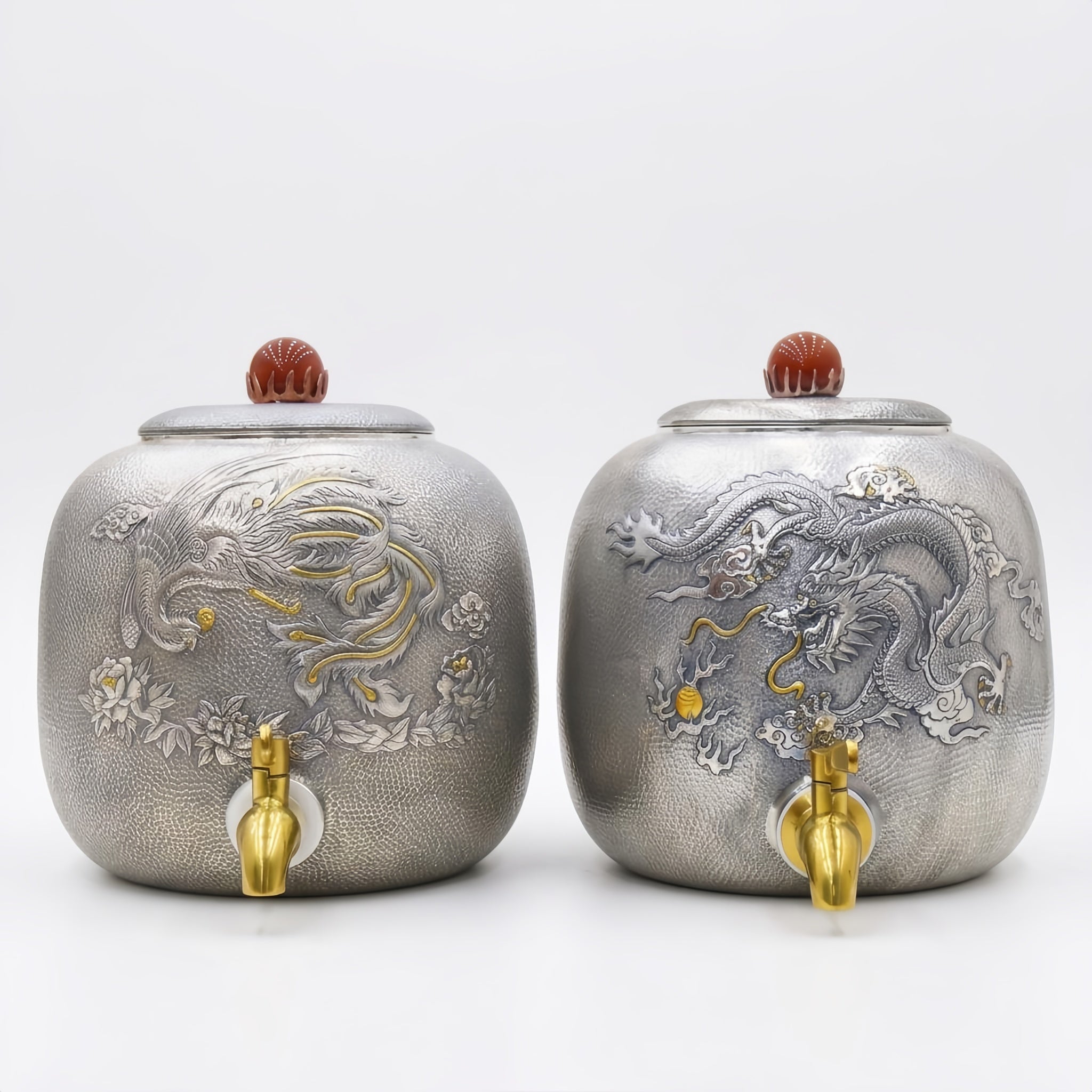 Pure 999 Fine Silver Exquisite Pair of Hammered Silver-Toned Containers Featuring Traditional Dragon and Phoenix Relief Artistry - Handicraft