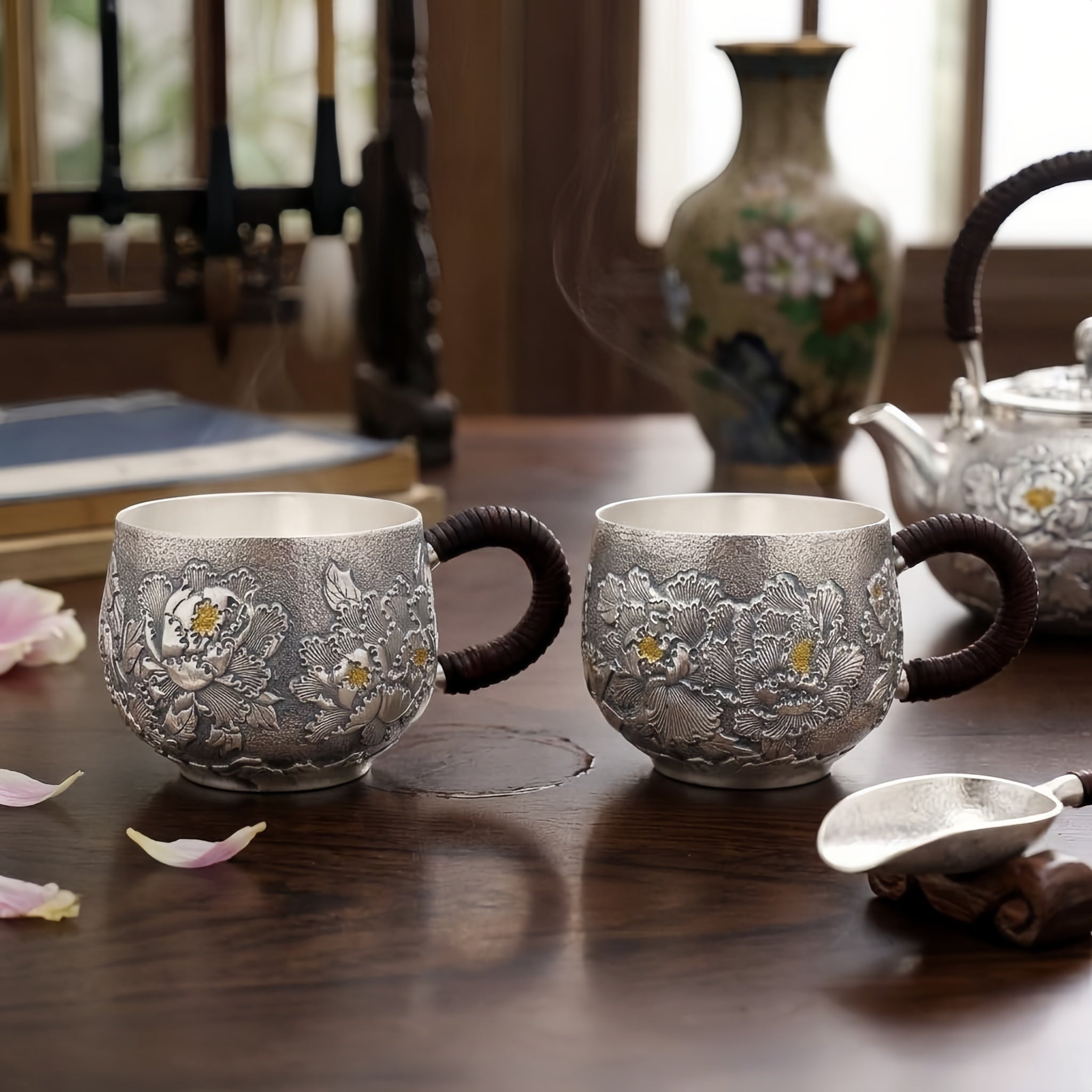 Pure 999 Fine Silver Elegant Handcrafted Silver Teacups Featuring Detailed Peony Relief and Traditional Woven Handles - Handicraft