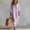 Linen V-neck Three-Quarter Sleeve Kaftan Long-Sleeve Womens