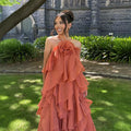 Three-dimensional Floral Halter-neck Backless Ruffled Maxi Dress