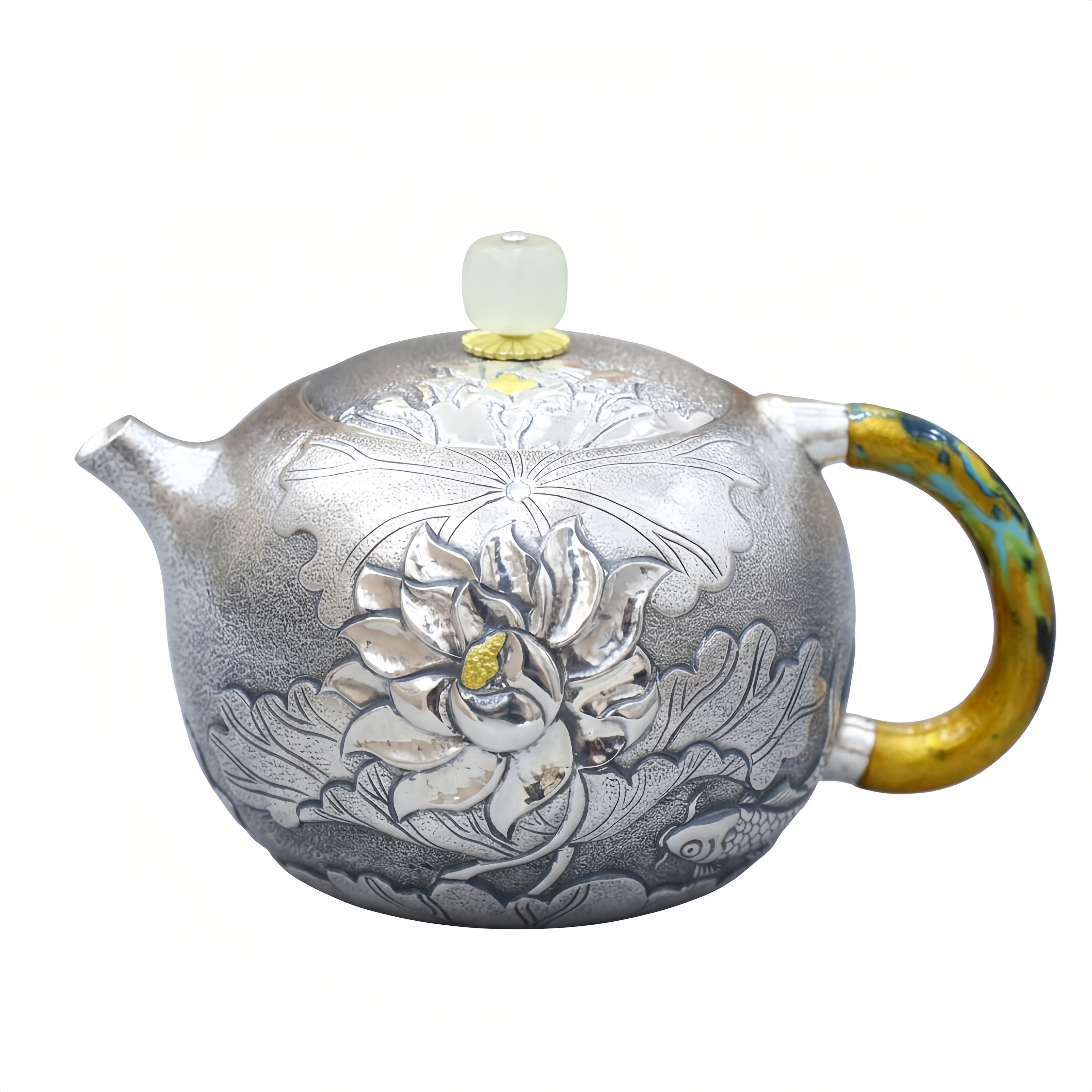 Pure 999 Fine Silver Handcrafted Silver Lotus Teapot with Intricate Relief Carvings and Jade Finial - Handicraft