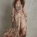 Retro Chiffon Printed Crew-Neck Long-Sleeve Pleated Waist Floral Dress