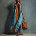 Neck-hanging Color-block Sleeveless Womens Long Dress