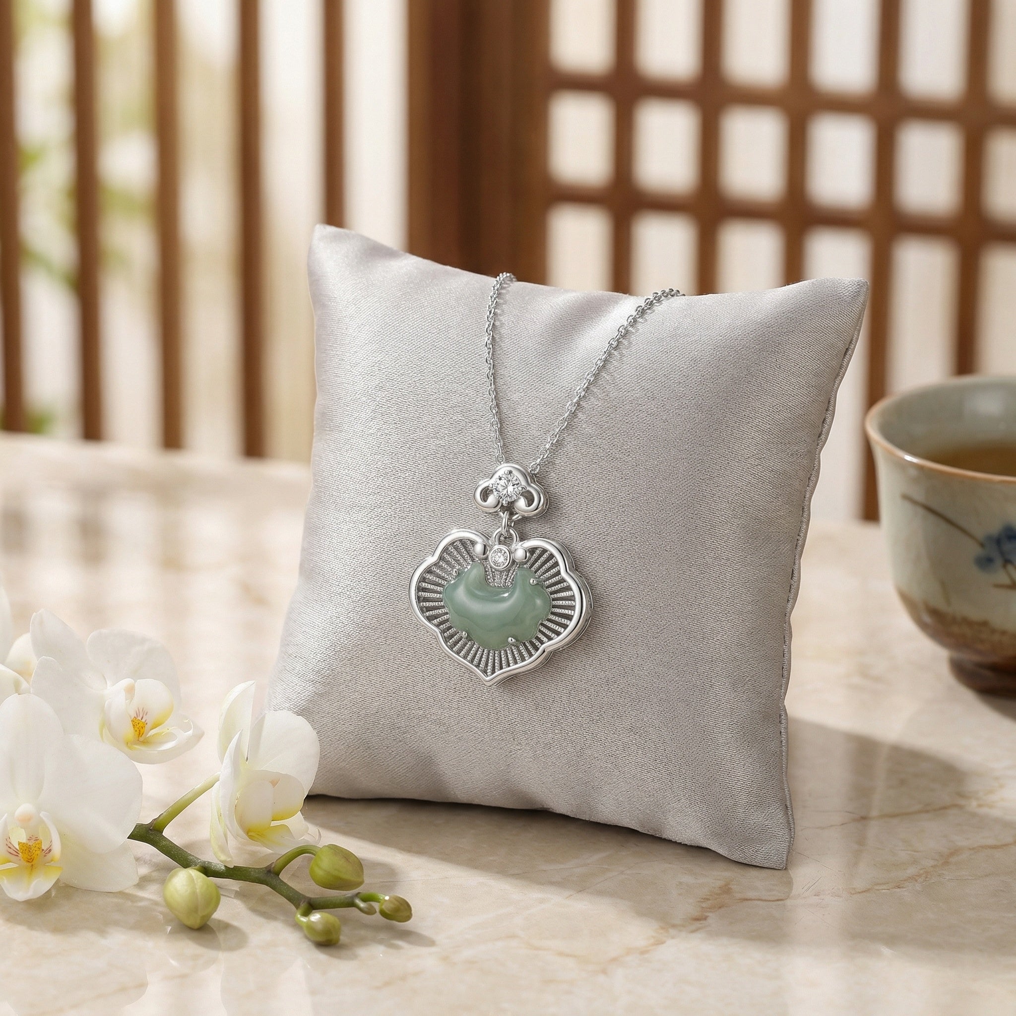 925 Sterling Silver Elegant Sterling Silver Ruyi Longevity Lock Pendant Necklace with Green Jade and Sparkling Accents