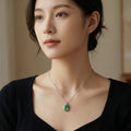 925 Sterling Silver Elegant Rectangular Green Jadeite Pendant Necklace with Silver Accents and Baguette CZs