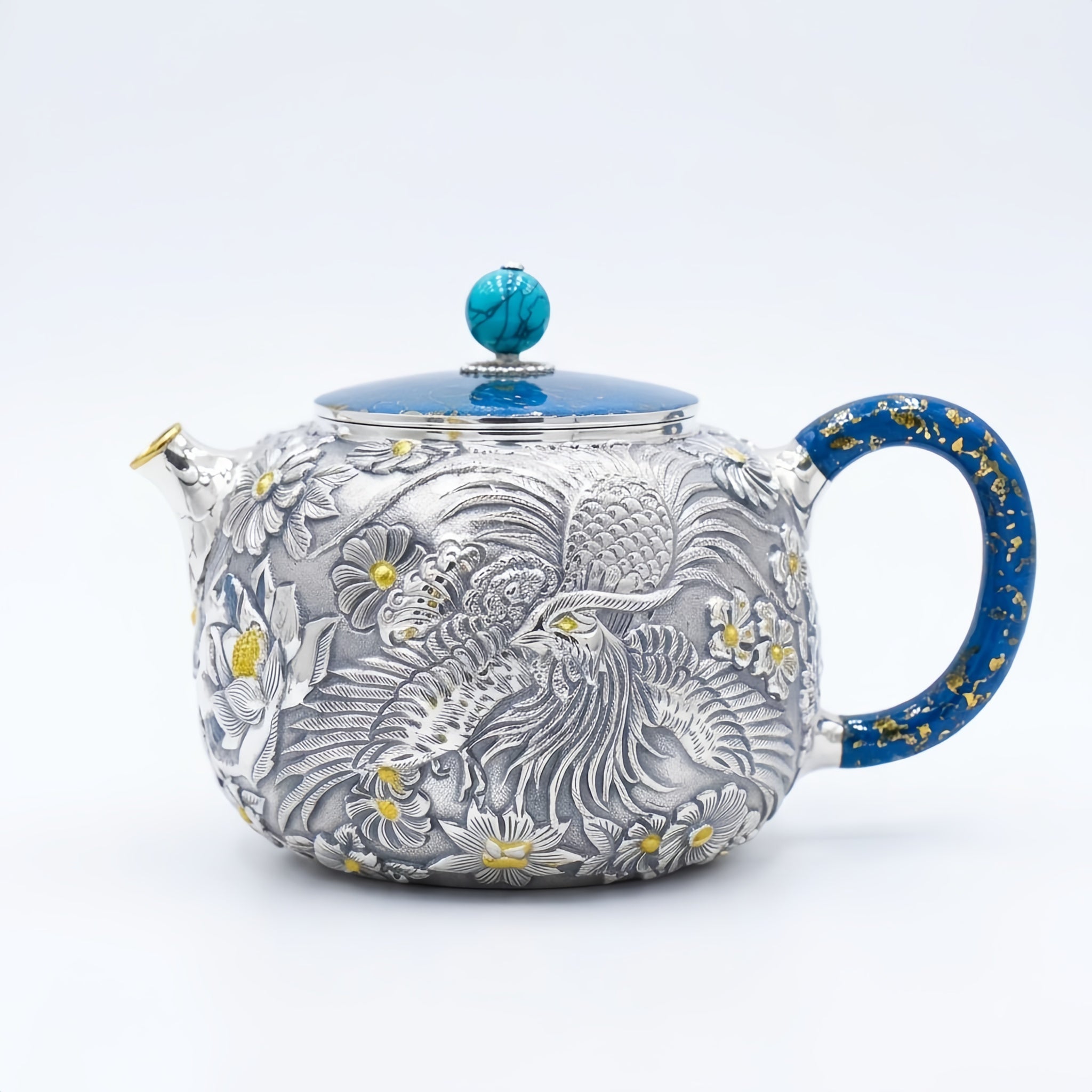 Pure 999 Fine Silver Intricate Silver Phoenix Teapot Featuring Vibrant Blue Accents and Handcrafted Floral Motifs - Handicraft
