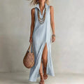 Seasonal New Womens Striped Stand Collar Side-Slit Camisole Dress