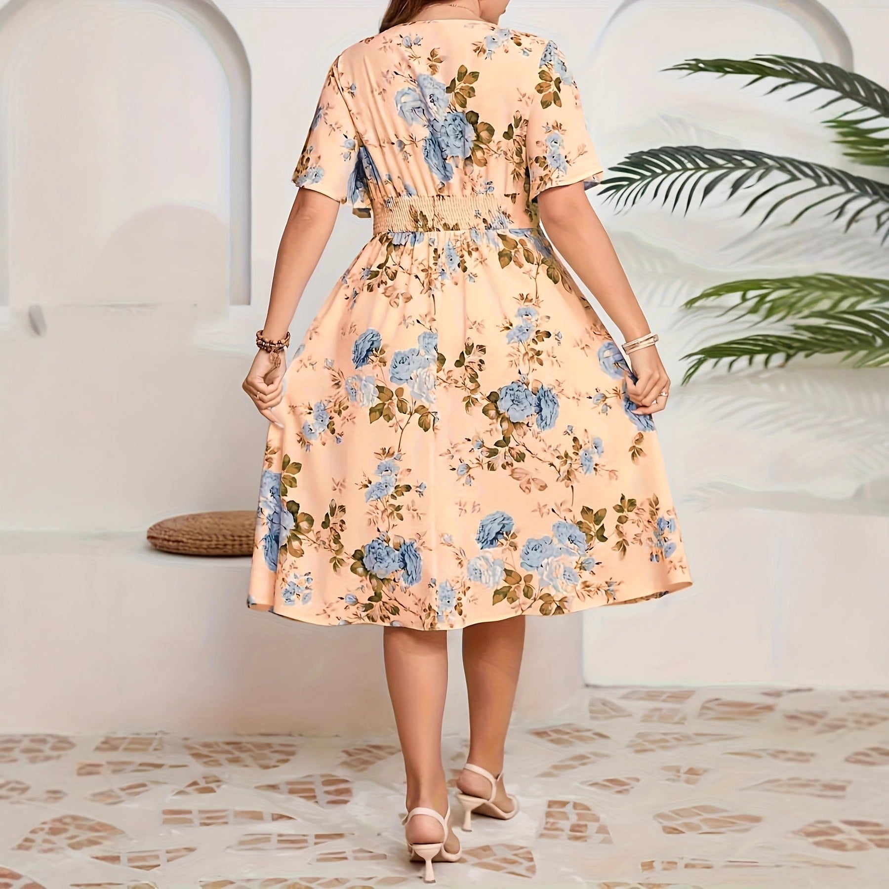 Womens Printed Cross-V-Neck Elastic-Waist Elegant Short-Sleeve Dress