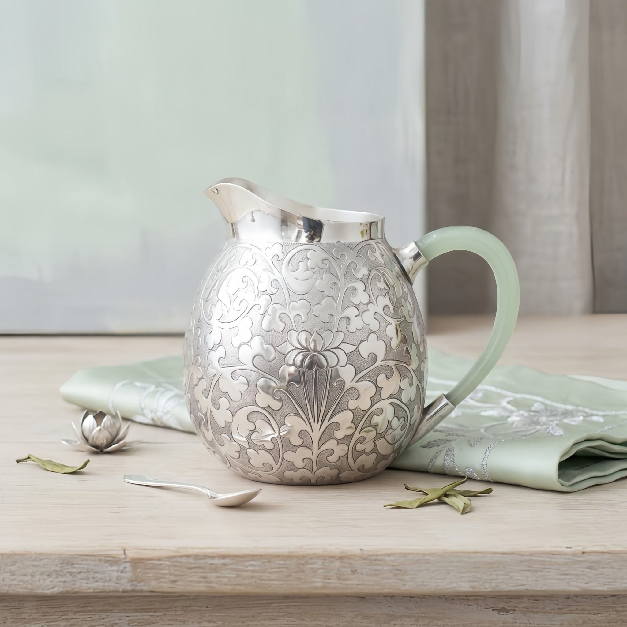 Pure 999 Fine Silver Elegant Ornate Silver Floral Engraved Pitcher Featuring a Delicate Pale Green Handle - Handicraft