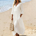 V-neck Three-quarter Sleeve Womens Resort Maxi Dress