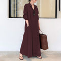 Solid Color Collared Long Sleeve Shirt Dress With Pockets, Loose Casual Maxi