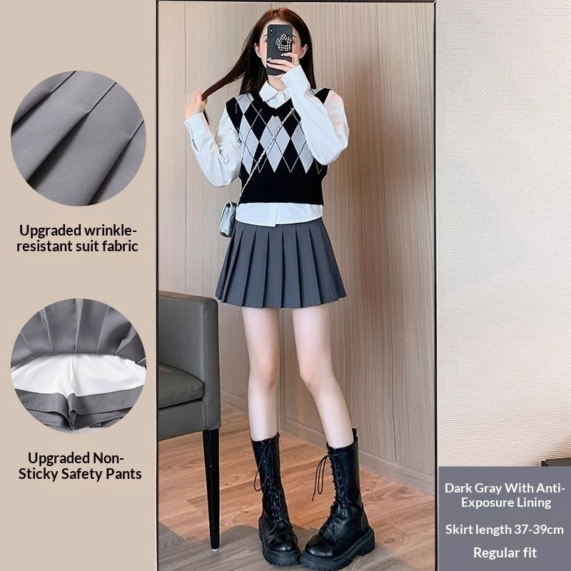 Gray High-waisted Pleated Womens Figure-flattering Short Skirt