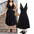 2026 New Large-Size Women's Elegant Solid Color V-Neck Waist Pleated Bohemian Knit Dress