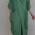 Linen Blend V-Neck Wrap Dress With Pockets