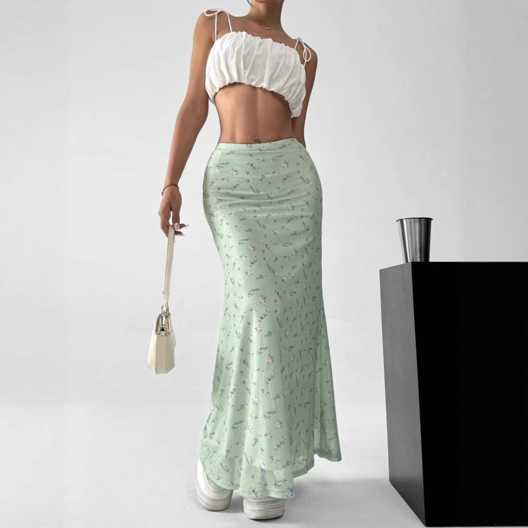 Summer Womens Skirt Mori Style Floral Chiffon Fishtail Maxi Skirt
