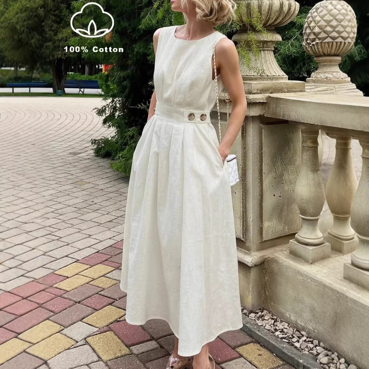 French-style Elegant Casual Minimalist Sleeveless Crew-neck Dress