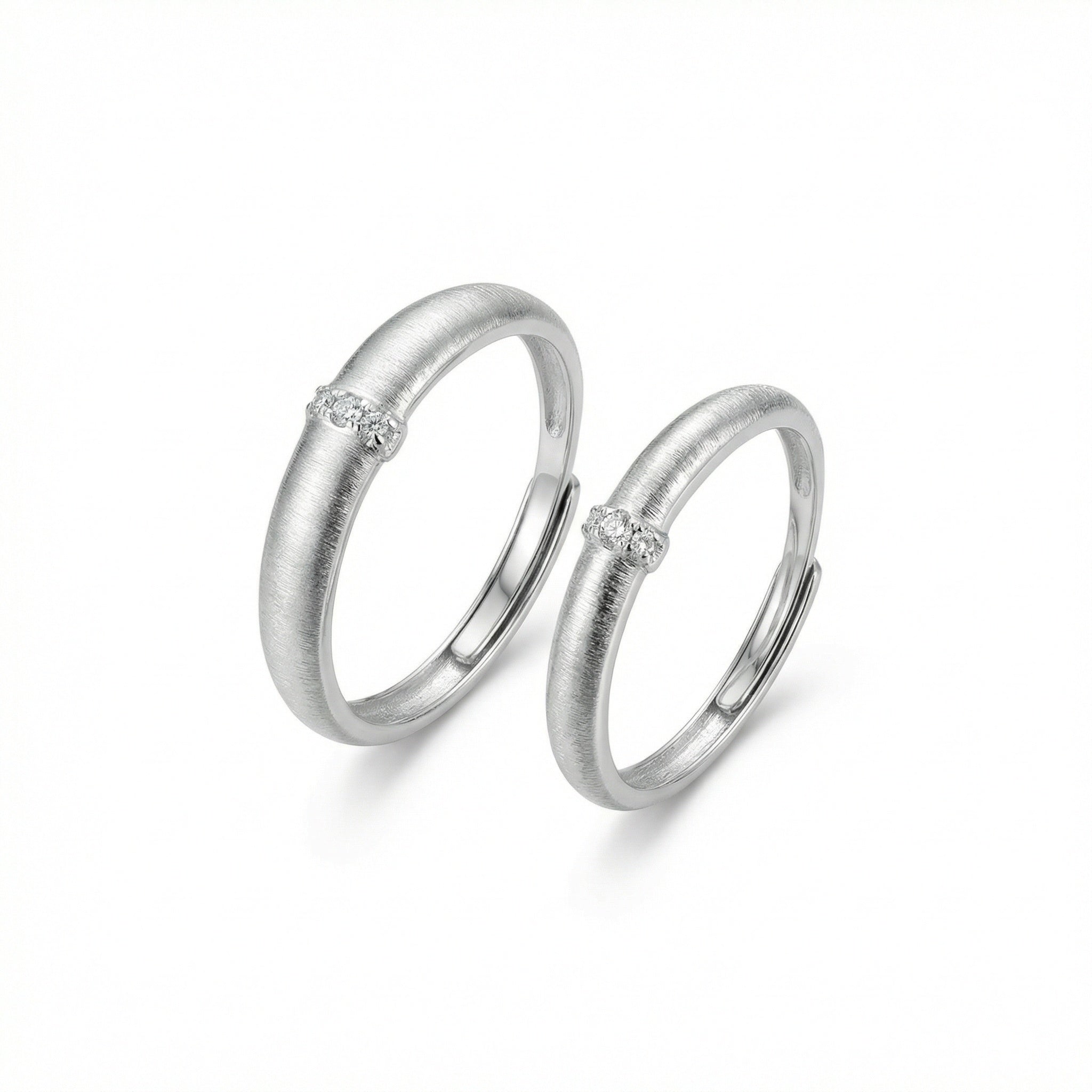 925 Sterling Silver Brushed Silver Couple Rings with Triple Gemstone Accents
