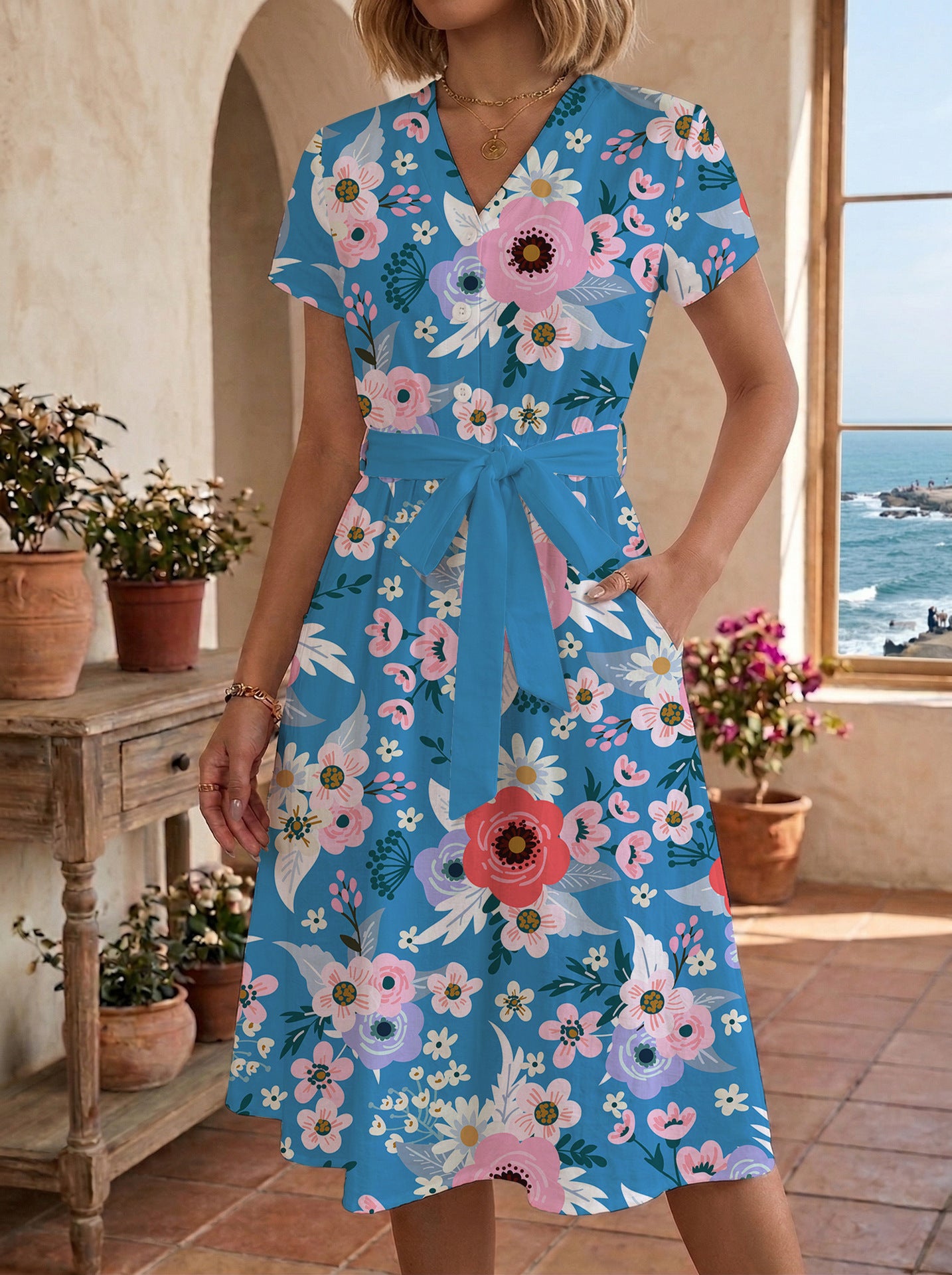 European And American-style Digital-print V-neck Lace-up Waist-cinching Slimming Button-front Shirt Dress